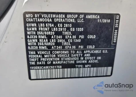 2019 Volkswagen Atlas Sel from USA, damaged, VIN 1V2ER2CA5KC521758